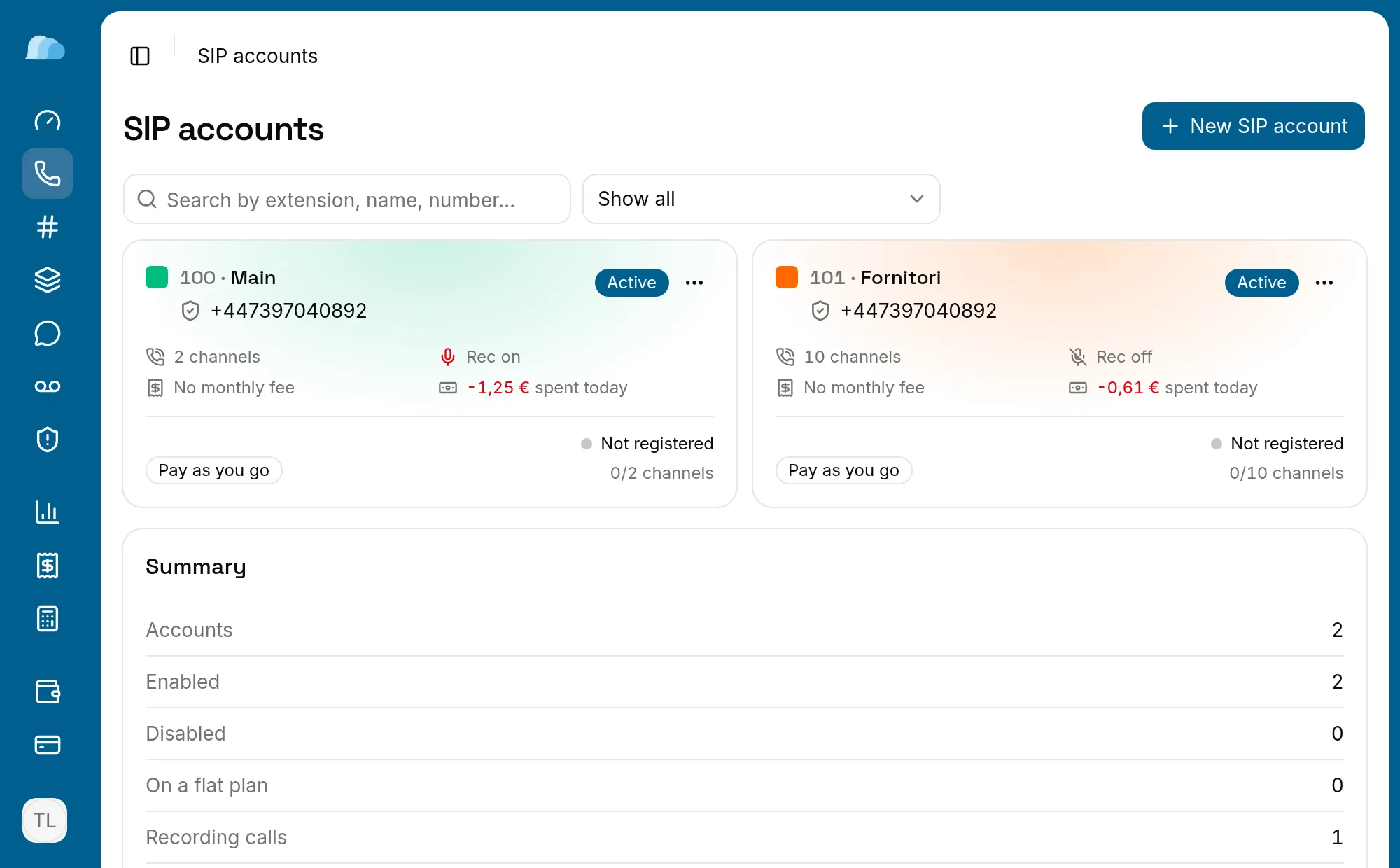 The list of SIP accounts in the Vohippo portal