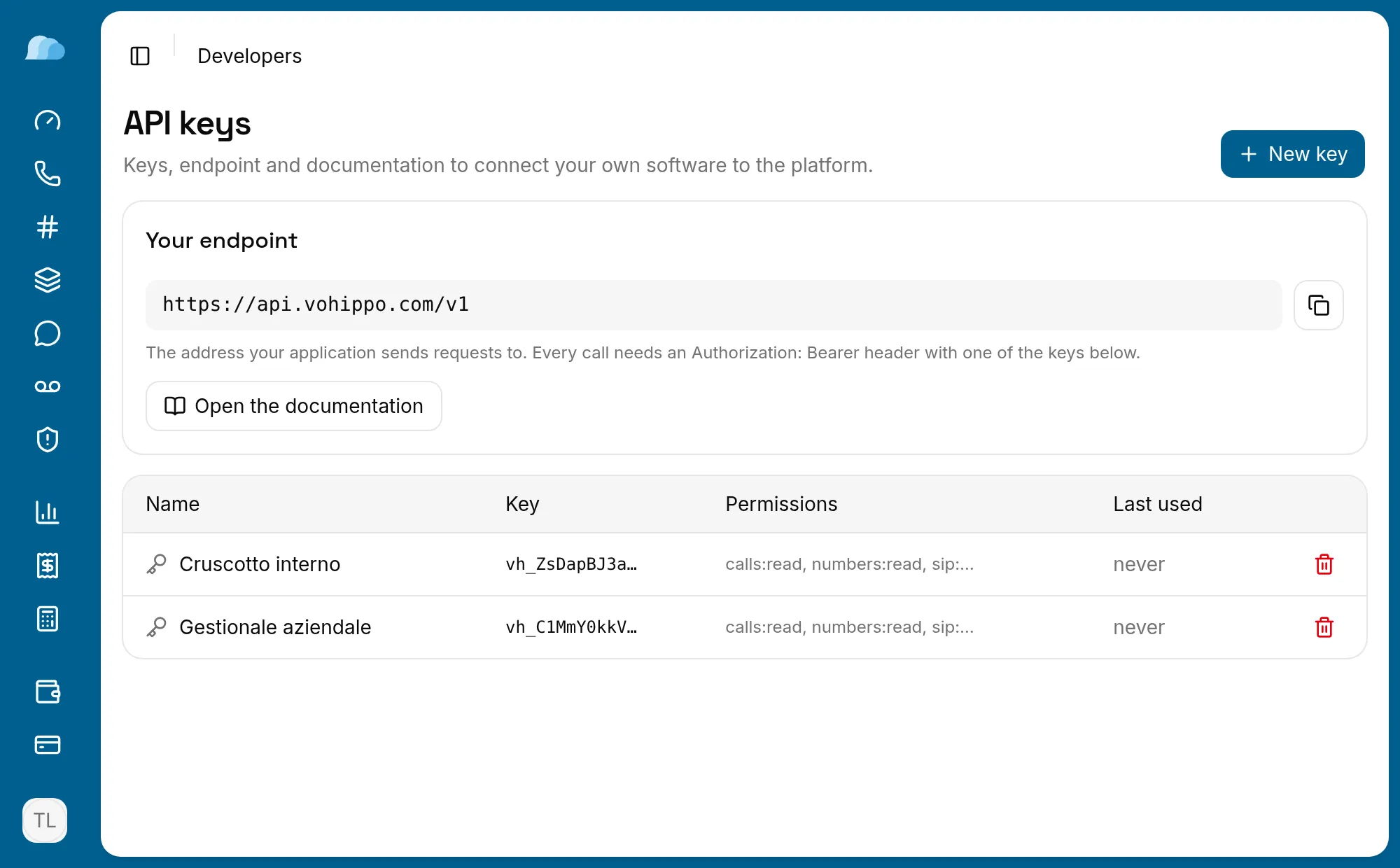 The API keys page of the Vohippo portal