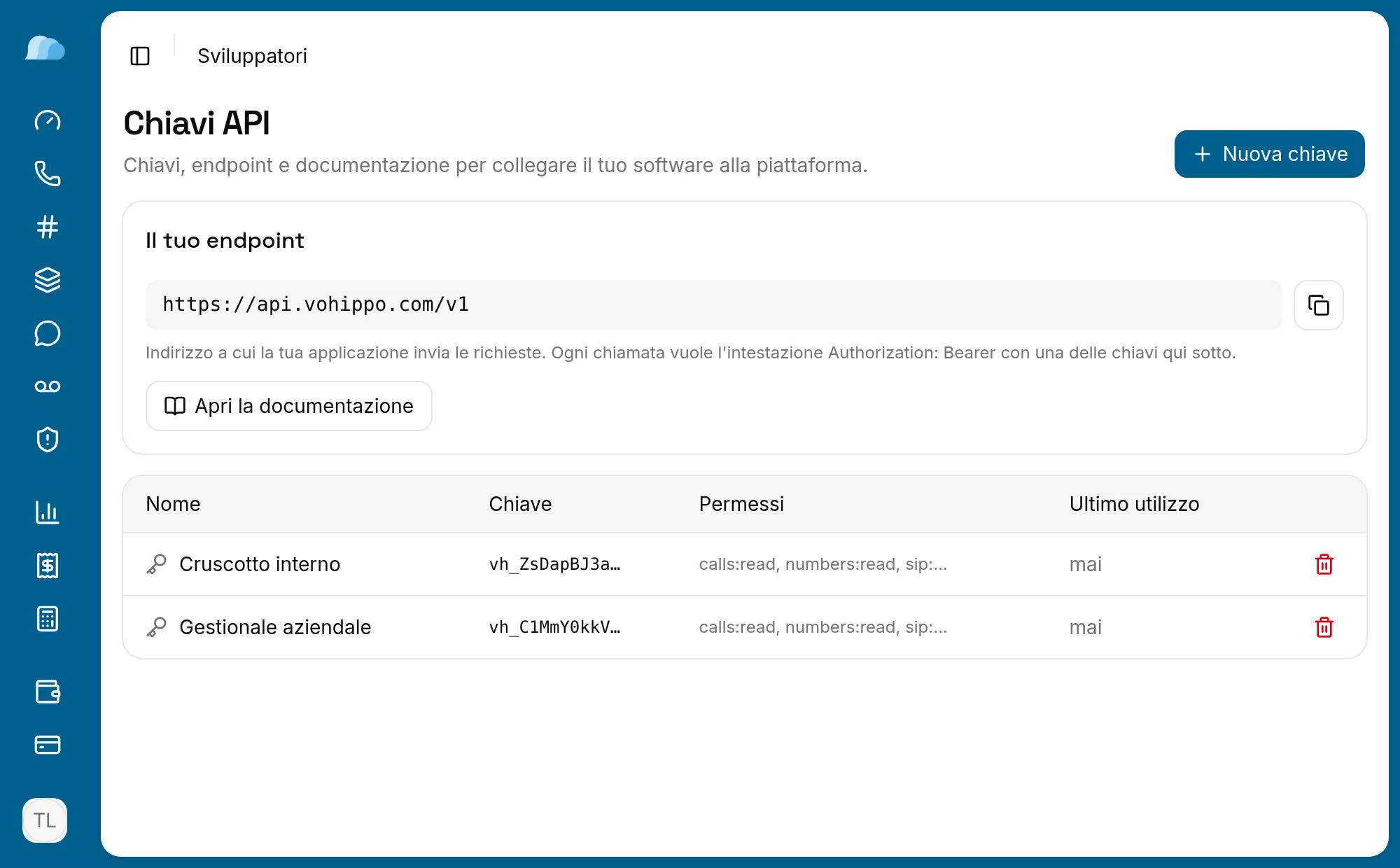 La pagina delle chiavi API del portale Vohippo