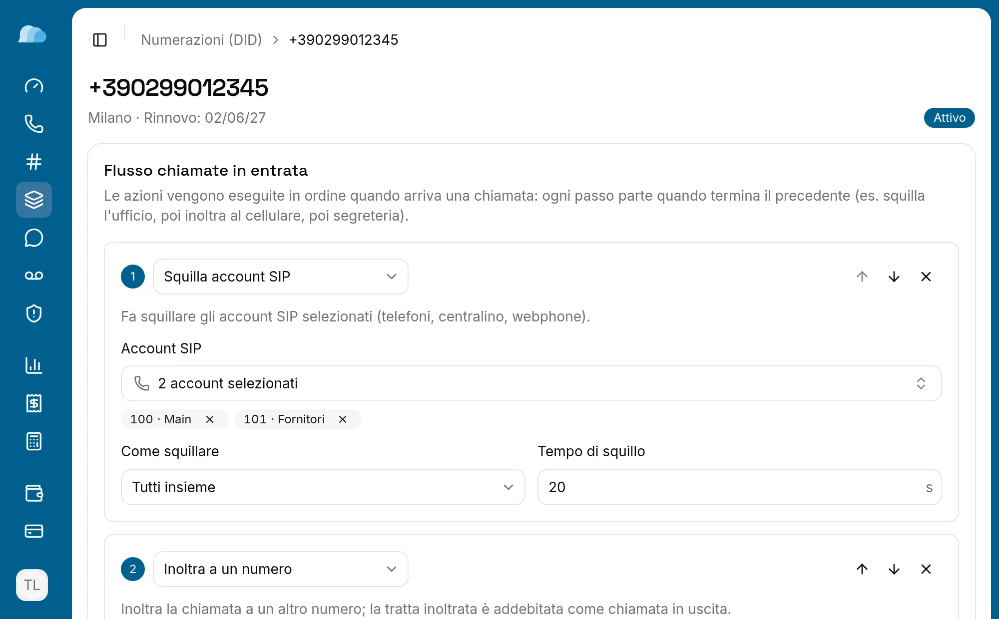 L'instradamento di un numero nel portale Vohippo